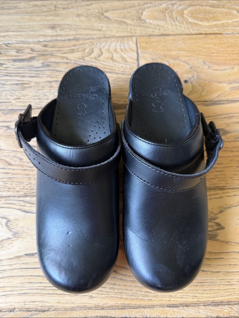 Dansko Black Leather Clog Mules with Buckle Strap